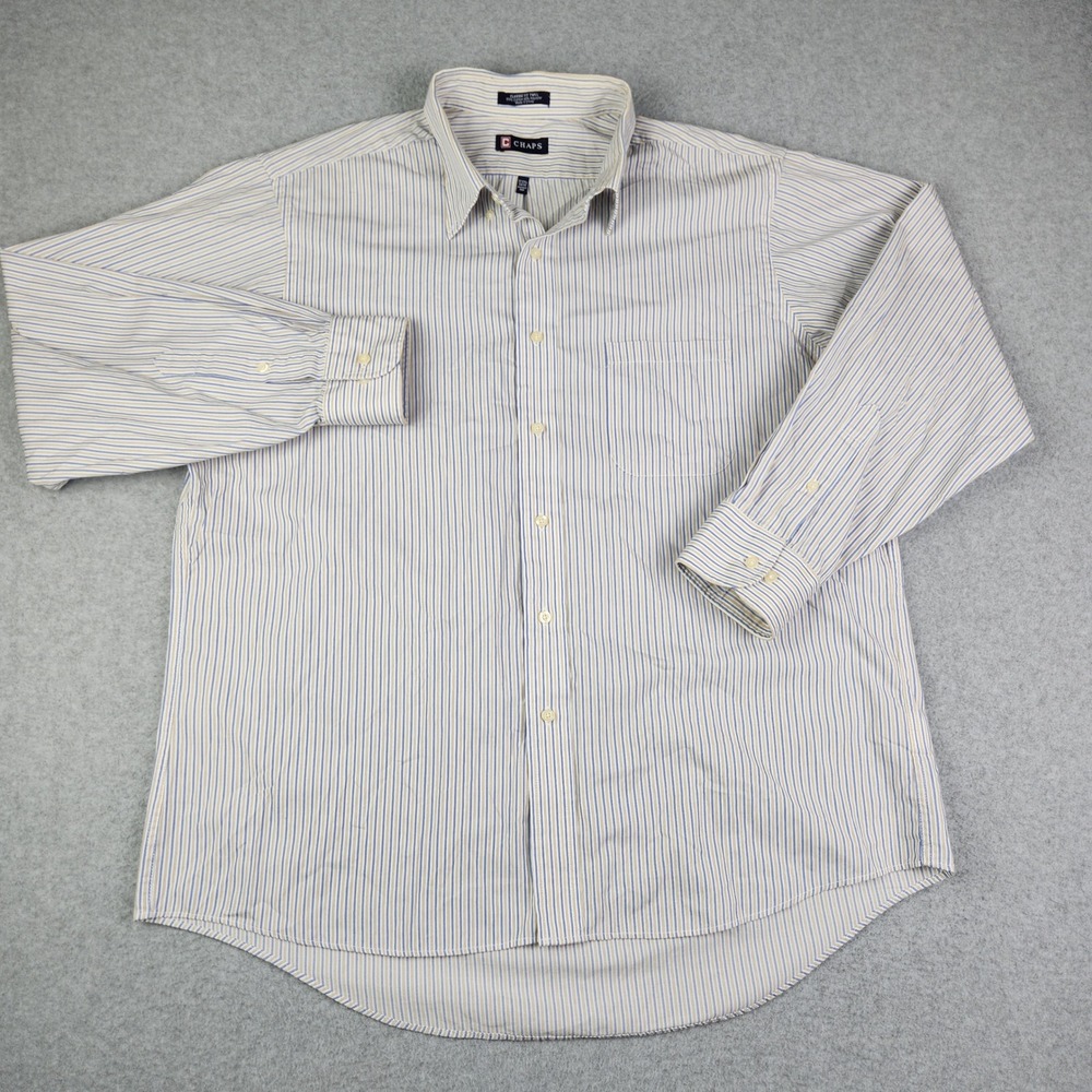 Chaps Button Down Men 17-17.5 Blue Tan Classic Fit Twill Striped Wrinkle Free